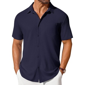 image:imageCOOFANDY Mens Short Sleeve Button Down Shirt Casual Summer Beach Shirts Waffle Knit Shirt Wrinkle Free Untucked ShirtNavy Blue