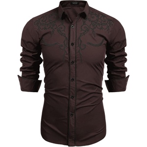 image:imageCOOFANDY Mens Western Cowboy Shirts Long Sleeve Embroidered Shirt Slim Fit Casual Button Down ShirtsBrown
