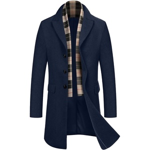 image:imageCOOFANDY Mens Wool Blend Coat with Detachable Plaid Scarfs Notched Collar Single Breasted Pea Coat Trench OvercoatNavy Blue