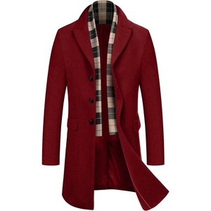 image:imageCOOFANDY Mens Wool Blend Coat with Detachable Plaid Scarfs Notched Collar Single Breasted Pea Coat Trench OvercoatRed