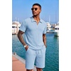 image:imageCOOFANDY Mens 2 Piece Set Summer Beach Vacation Outfits Quarter Zip Polo Shirt and Shorts SetsLight Blue
