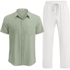 image:imageCOOFANDY Mens Linen Sets 2 Piece Beach Outfit Casual Short Sleeve Button Down Shirts Loose Pants Summer Vacation OutfitsLight Green ShirtWhite Pants