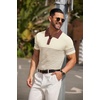 image:imageCOOFANDY Mens Short Sleeve Polo Shirts Vintage Knitted Shirt Casual Button Down Golf ShirtsBeige Brown Stripes