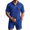 image:imageCOOFANDY Mens 2 Piece Set Summer Beach Vacation Outfits Quarter Zip Polo Shirt and Shorts SetsBlue