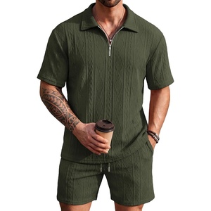 image:imageCOOFANDY Mens 2 Piece Set Summer Beach Vacation Outfits Quarter Zip Polo Shirt and Shorts SetsArmy Green