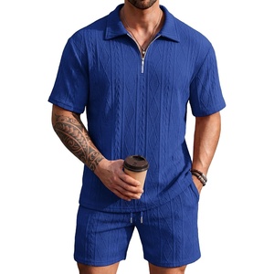 image:imageCOOFANDY Mens 2 Piece Set Summer Beach Vacation Outfits Quarter Zip Polo Shirt and Shorts SetsBlue
