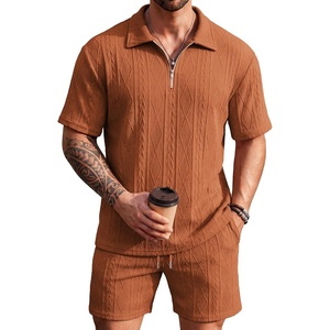 image:imageCOOFANDY Mens 2 Piece Set Summer Beach Vacation Outfits Quarter Zip Polo Shirt and Shorts SetsBrown
