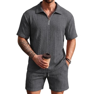 image:imageCOOFANDY Mens 2 Piece Set Summer Beach Vacation Outfits Quarter Zip Polo Shirt and Shorts SetsDark Gray