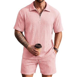 image:imageCOOFANDY Mens 2 Piece Set Summer Beach Vacation Outfits Quarter Zip Polo Shirt and Shorts SetsPink