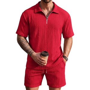 image:imageCOOFANDY Mens 2 Piece Set Summer Beach Vacation Outfits Quarter Zip Polo Shirt and Shorts SetsRed