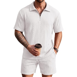 image:imageCOOFANDY Mens 2 Piece Set Summer Beach Vacation Outfits Quarter Zip Polo Shirt and Shorts SetsWhite