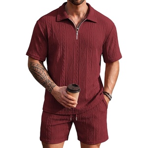 image:imageCOOFANDY Mens 2 Piece Set Summer Beach Vacation Outfits Quarter Zip Polo Shirt and Shorts SetsWine Red