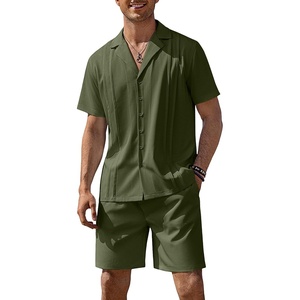 image:imageCOOFANDY Mens 2 Piece Short Set Guayabera Button Down Shirt Casual Summer Beach OutfitsArmy Green