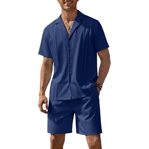 image:imageCOOFANDY Mens 2 Piece Short Set Guayabera Button Down Shirt Casual Summer Beach OutfitsNavy Blue