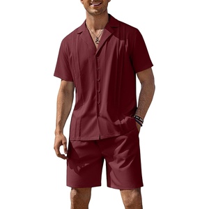 image:imageCOOFANDY Mens 2 Piece Short Set Guayabera Button Down Shirt Casual Summer Beach OutfitsWine Red