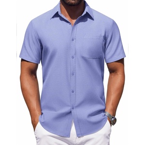 image:imageCOOFANDY Mens Button Down Short Sleeve Shirt Casual Dress Shirt Untucked Summer Shirts with PocketDenim Blue