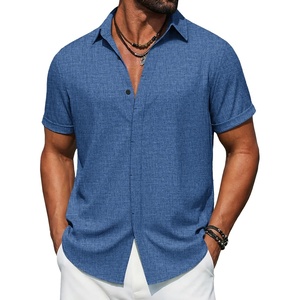 image:imageCOOFANDY Mens Button Down Short Sleeve Shirts Casual Summer Vacation Shirts Linen Beach Wedding ShirtDenim Blue