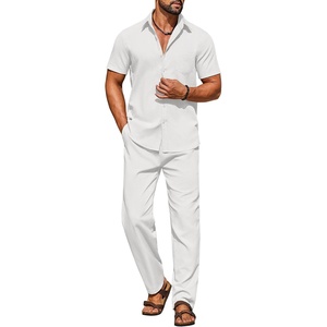 image:imageCOOFANDY Mens Linen Sets 2 Piece Beach Outfit Casual Short Sleeve Button Down Shirts Loose Pants Summer Vacation OutfitsAwhite