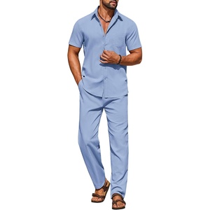 image:imageCOOFANDY Mens Linen Sets 2 Piece Beach Outfit Casual Short Sleeve Button Down Shirts Loose Pants Summer Vacation OutfitsLight Blue