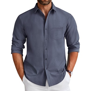 image:imageCOOFANDY Mens Long Sleeve Button Down Shirt Wrinkle Free Untucked Dress Shirt Casual Denim ShirtNavy Blue