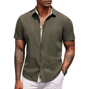 image:imageCOOFANDY Mens Short Sleeve Button Down Shirts Casual Summer Dress Untucked ShirtsA  Plaid Collar Army Green