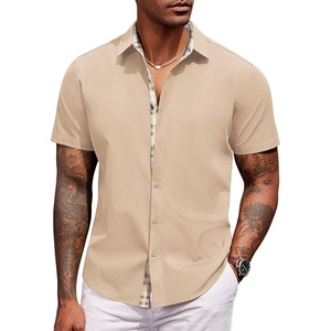 image:imageCOOFANDY Mens Short Sleeve Button Down Shirts Casual Summer Dress Untucked ShirtsA  Plaid Collar Beige