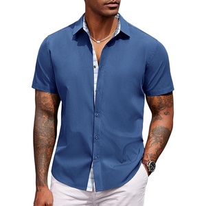 image:imageCOOFANDY Mens Short Sleeve Button Down Shirts Casual Summer Dress Untucked ShirtsA  Plaid Collar Blue