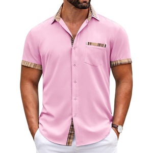 image:imageCOOFANDY Mens Short Sleeve Button Down Shirts Casual Wrinkle Free Dress Shirt Plaid Collar Summer ShirtsPink