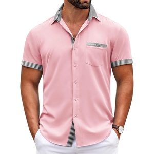 image:imageCOOFANDY Mens Short Sleeve Button Down Shirts Casual Wrinkle Free Dress Shirt Plaid Collar Summer ShirtsPinkstripe