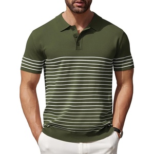 image:imageCOOFANDY Mens Short Sleeve Polo Shirts Vintage Knitted Shirt Casual Button Down Golf ShirtsArmy Green White Stripes