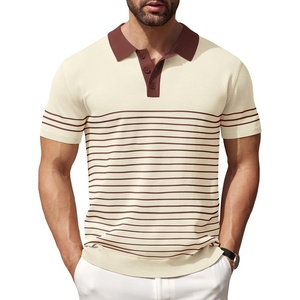 image:imageCOOFANDY Mens Short Sleeve Polo Shirts Vintage Knitted Shirt Casual Button Down Golf ShirtsBeige Brown Stripes