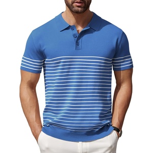 image:imageCOOFANDY Mens Short Sleeve Polo Shirts Vintage Knitted Shirt Casual Button Down Golf ShirtsBlue White Stripes
