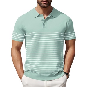 image:imageCOOFANDY Mens Short Sleeve Polo Shirts Vintage Knitted Shirt Casual Button Down Golf ShirtsIce Green White Stripes