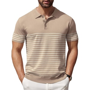 image:imageCOOFANDY Mens Short Sleeve Polo Shirts Vintage Knitted Shirt Casual Button Down Golf ShirtsKhaki Beige Stripes