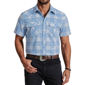 image:imageCOOFANDY Western Shirts for Mens Cowboy Shirt Short Sleeve Button Down Shirt Casual Work Shirts PlaidBlue white Plaid