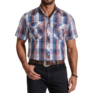 image:imageCOOFANDY Western Shirts for Mens Cowboy Shirt Short Sleeve Button Down Shirt Casual Work Shirts PlaidRed blue white Plaid