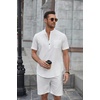 image:imageCOOFANDY Mens 2 Piece Cotton Linen Sets Summer Beach Outfits Casual Short Sleeve Henley Shirts and Vacation ShortsAll White