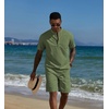 image:imageCOOFANDY Mens 2 Piece Cotton Linen Sets Summer Beach Outfits Casual Short Sleeve Henley Shirts and Vacation ShortsArmy Green