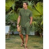 image:imageCOOFANDY Mens 2 Piece Cotton Linen Sets Summer Beach Outfits Casual Short Sleeve Henley Shirts and Vacation ShortsArmy Green