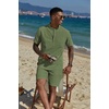 image:imageCOOFANDY Mens 2 Piece Cotton Linen Sets Summer Beach Outfits Casual Short Sleeve Henley Shirts and Vacation ShortsArmy Green