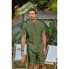 image:imageCOOFANDY Mens 2 Piece Cotton Linen Sets Summer Beach Outfits Casual Short Sleeve Henley Shirts and Vacation ShortsArmy Green