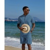 image:imageCOOFANDY Mens 2 Piece Cotton Linen Sets Summer Beach Outfits Casual Short Sleeve Henley Shirts and Vacation ShortsDenim Blue