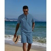 image:imageCOOFANDY Mens 2 Piece Cotton Linen Sets Summer Beach Outfits Casual Short Sleeve Henley Shirts and Vacation ShortsDenim Blue