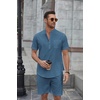 image:imageCOOFANDY Mens 2 Piece Cotton Linen Sets Summer Beach Outfits Casual Short Sleeve Henley Shirts and Vacation ShortsDenim Blue