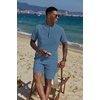 image:imageCOOFANDY Mens 2 Piece Cotton Linen Sets Summer Beach Outfits Casual Short Sleeve Henley Shirts and Vacation ShortsDenim Blue