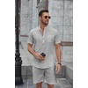 image:imageCOOFANDY Mens 2 Piece Cotton Linen Sets Summer Beach Outfits Casual Short Sleeve Henley Shirts and Vacation ShortsGrey