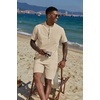 image:imageCOOFANDY Mens 2 Piece Cotton Linen Sets Summer Beach Outfits Casual Short Sleeve Henley Shirts and Vacation ShortsKhaki