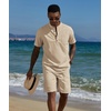 image:imageCOOFANDY Mens 2 Piece Cotton Linen Sets Summer Beach Outfits Casual Short Sleeve Henley Shirts and Vacation ShortsKhaki