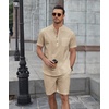 image:imageCOOFANDY Mens 2 Piece Cotton Linen Sets Summer Beach Outfits Casual Short Sleeve Henley Shirts and Vacation ShortsKhaki
