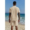 image:imageCOOFANDY Mens 2 Piece Cotton Linen Sets Summer Beach Outfits Casual Short Sleeve Henley Shirts and Vacation ShortsKhaki